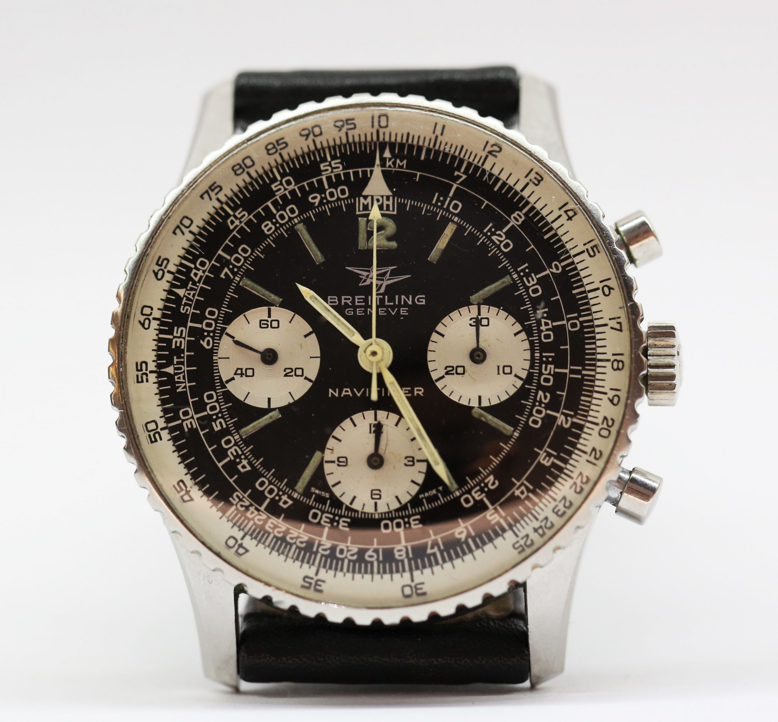 Breitling Navitimer ref 806, stainless steel on strap, reverse panda dial, circa: 1966, all original condition!
