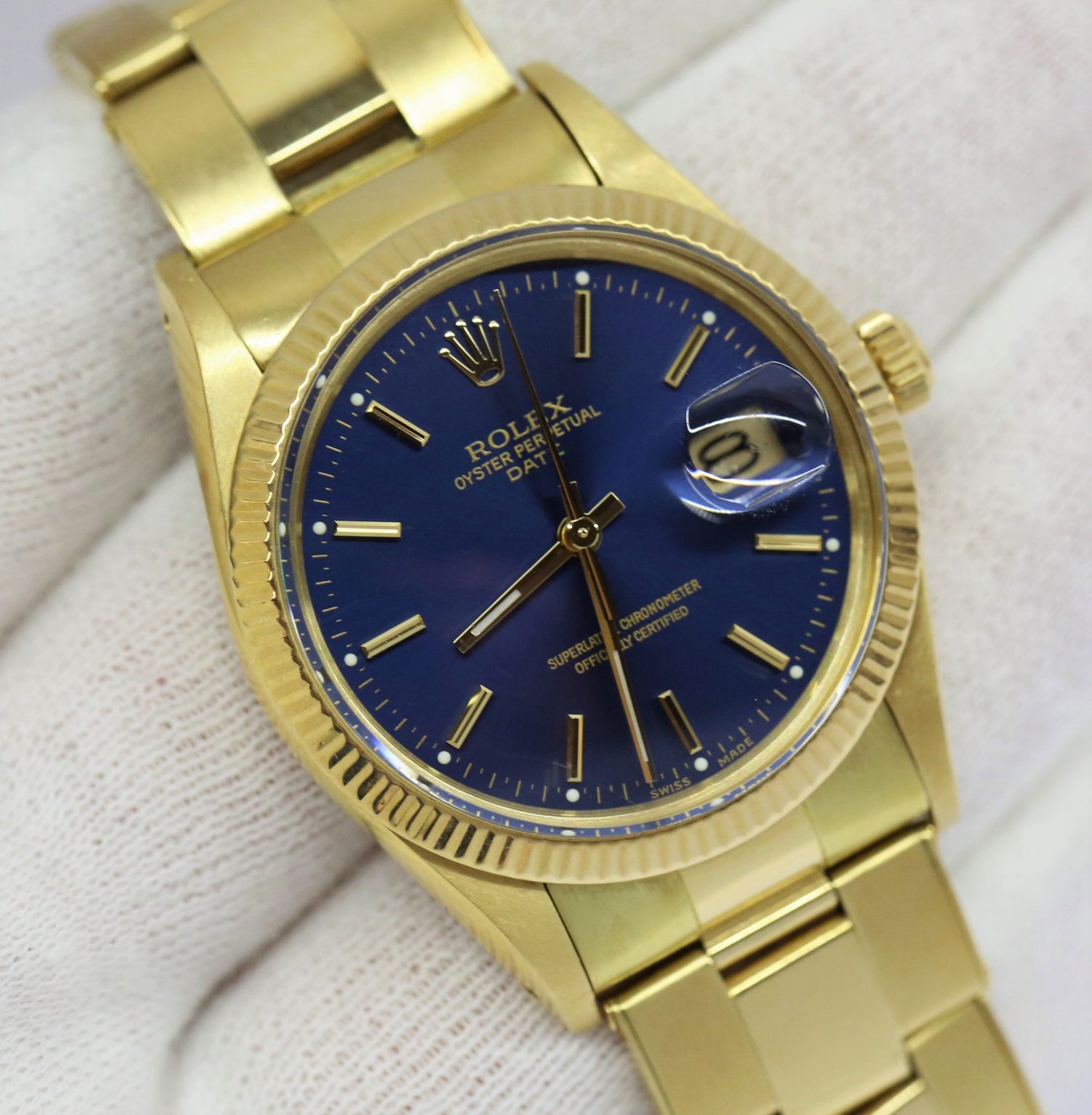Rolex Oyster Perpetual Date in 14ct Yellow Gold with Blue index Dial ...