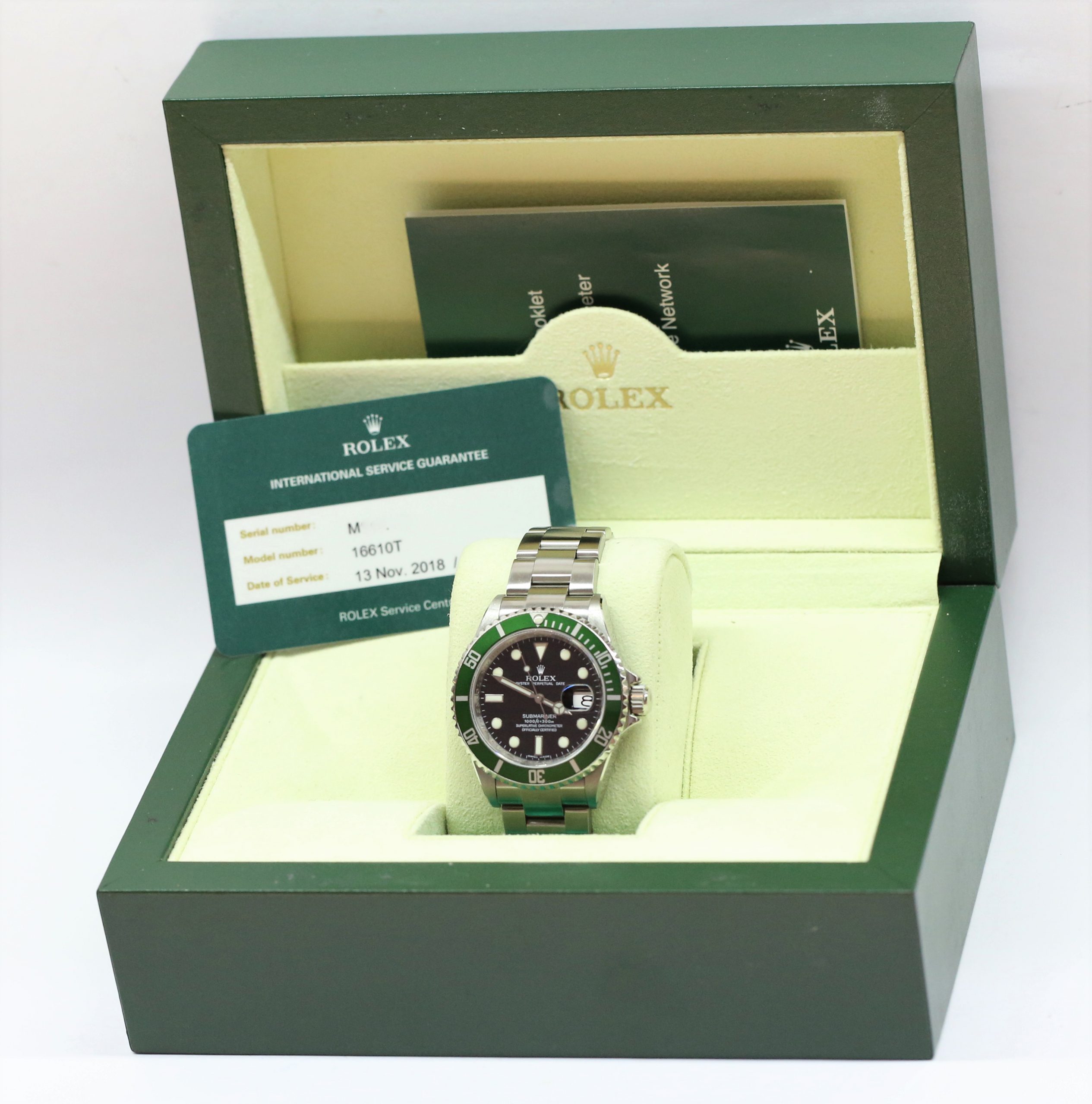 Rolex Submariner Date "Kermit". Green bezel and black index dial. Stainless steel case and Rolex Oyster Bracelet, Ref: 16610LV, M Serial circa: 2008, Engraved Rehaut, with Box & Rolex Service Card - Image 6