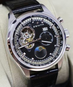 Zenith El Primero Chronomaster Date Sun Moon, Black open heart index Dial, Stainless steel on Black Alligator strap 45mm, Circa: 2014, Box & Papers