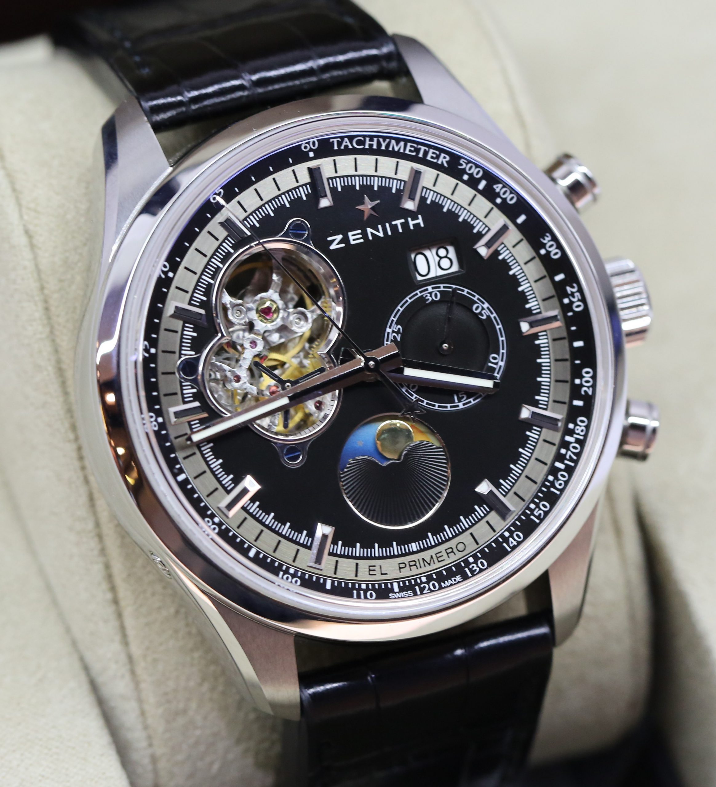Zenith El Primero Chronomaster Date Sun Moon, Black open heart index Dial, Stainless steel on Black Alligator strap 45mm, Circa: 2014, Box & Papers