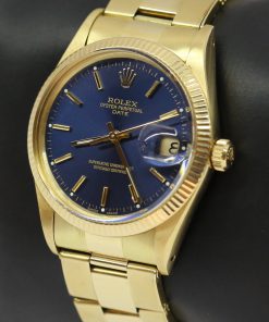 Alternative view of Rolex Oyster Perpetual Date in 14ct Yellow Gold with Blue index Dial 34mm on 14ct Yellow Gold Oyster Bracelet, Ca. 1981 Ref: 15037