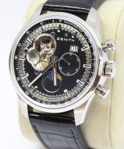 Alternative view of Zenith El Primero Chronomaster Date Sun Moon, Black open heart index Dial, Stainless steel on Black Alligator strap 45mm, Circa: 2014, Box & Papers