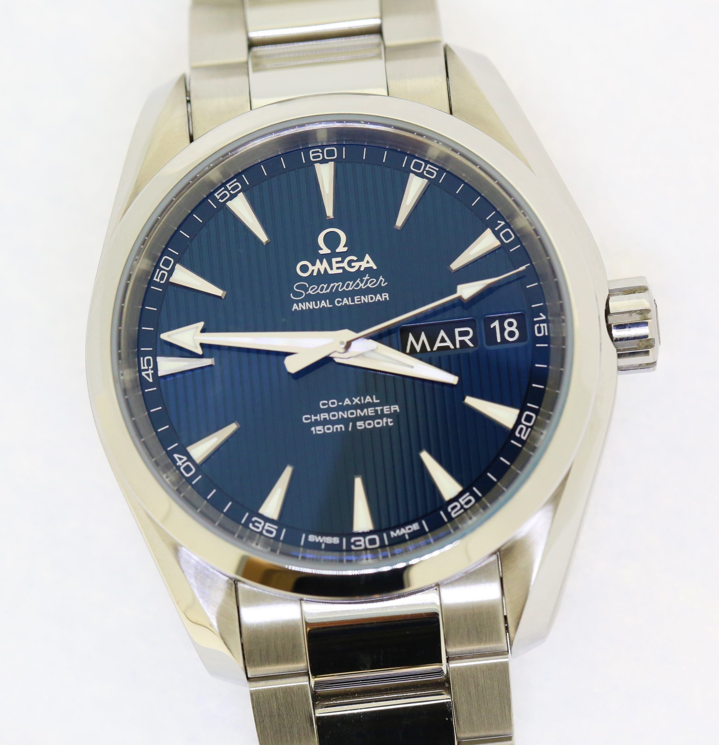 Omega Seamster Aqua Terra Annual Calendar Ref 23110392203001, dark blue dial, sold new 2020, with box and warranty cards.