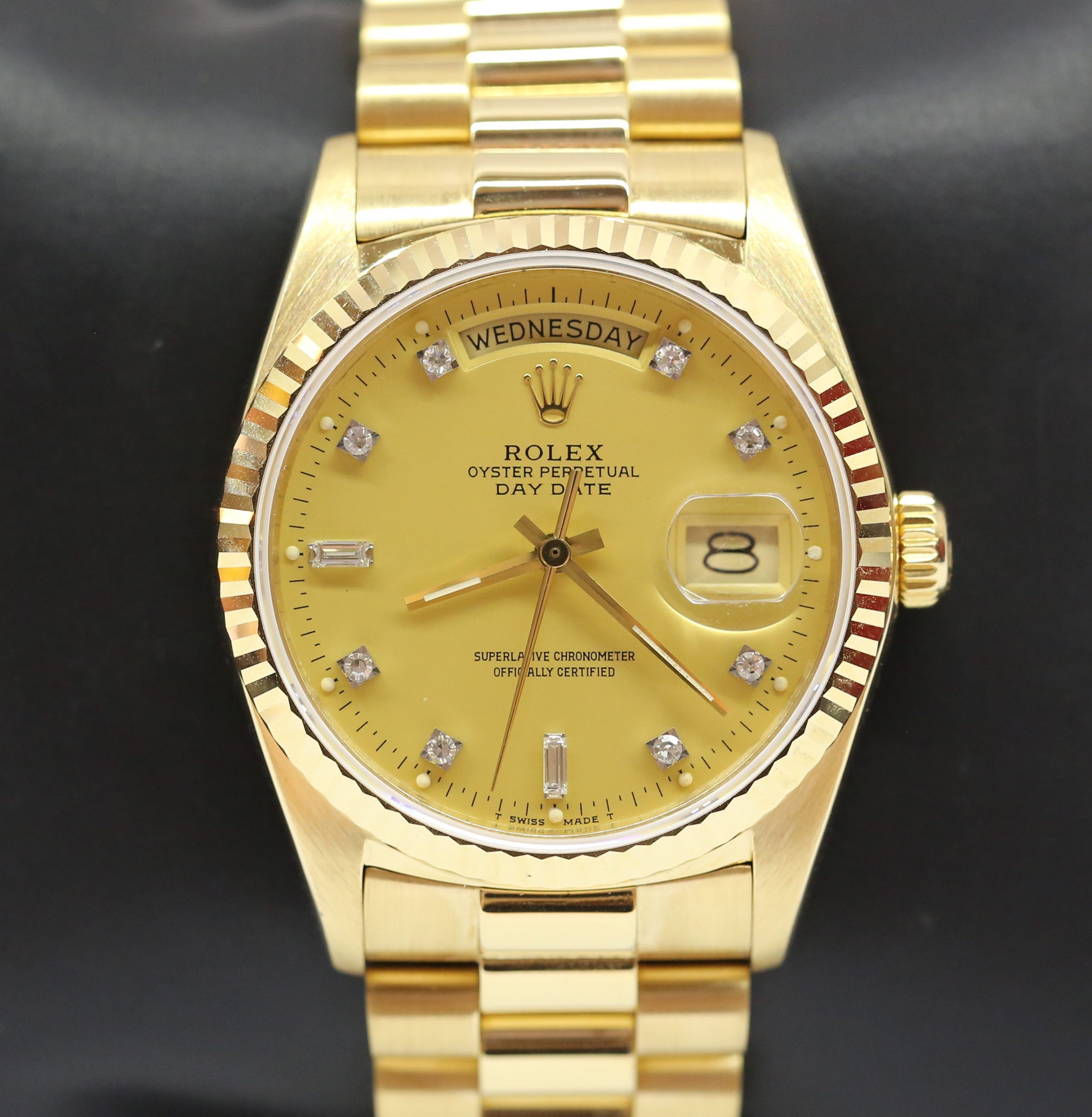 Rolex Oyster Perpetual Day Date 18ct Yellow Gold on Rolex 18ct Yellow Gold President Bracelet, Reference: 18038, Factory Matte Champagne Diamond Dial, Circa: 1984/5