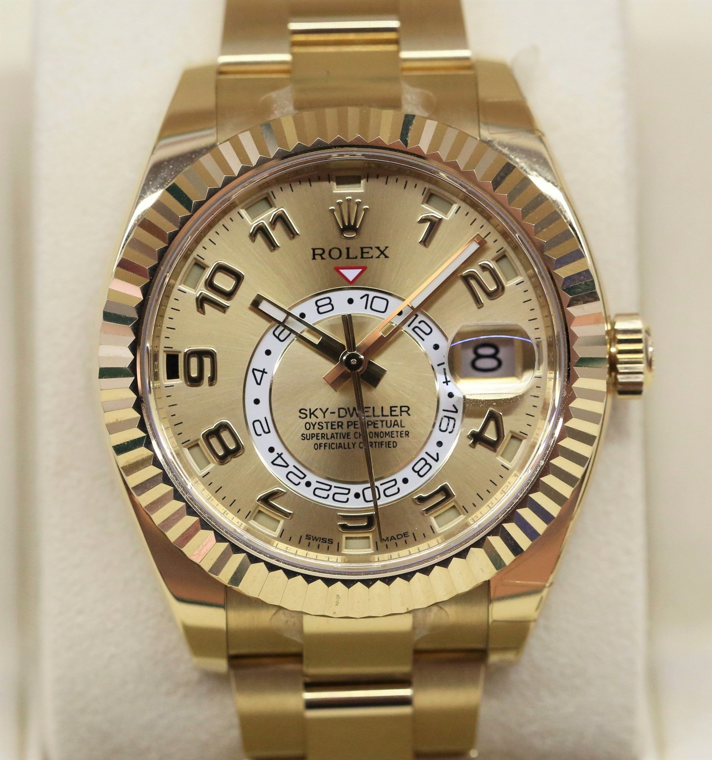 Rolex Skydweller in 18ct Yellow Gold on 18ct Yellow Gold Rolex Oyster Bracelet, Champagne Arab Dial, Ref: 326938, Complete with Box, Papers & Balance of Rolex Factory Warranty, Circa 2018