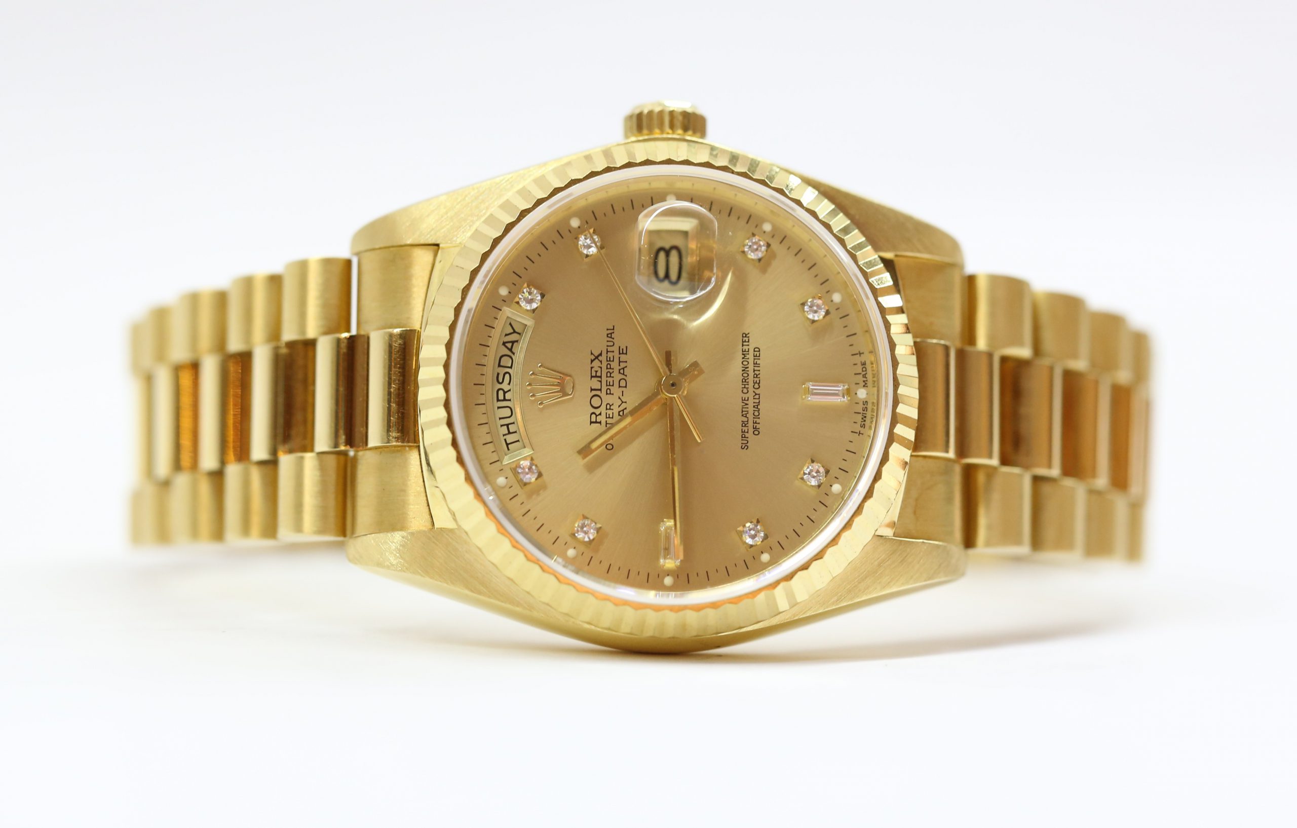 Rolex Oyster Perpetual Day Date in 18ct Yellow Gold on 18ct Yellow Gold Rolex President Bracelet, reference: 18038, Champagne Diamond Dial, Circa: 1981 - Image 3