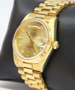 Alternative view of Rolex Oyster Perpetual Day Date in 18ct Yellow Gold on 18ct Yellow Gold Rolex President Bracelet, reference: 18038, Champagne Diamond Dial, Circa: 1981