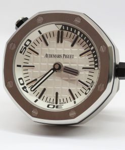 Alternative view of Audemars Piguet Royal Oak Offshore Desk Clock, Stainless Steel, White Tapisserie Dial on wooden stand, Quartz movement, Ref: MG.CD.AC.AP0100.011.16, Circa: 2016, with Box & Papers