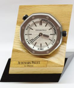Audemars Piguet Royal Oak Offshore Desk Clock, Stainless Steel, White Tapisserie Dial on wooden stand, Quartz movement, Ref: MG.CD.AC.AP0100.011.16, Circa: 2016, with Box & Papers