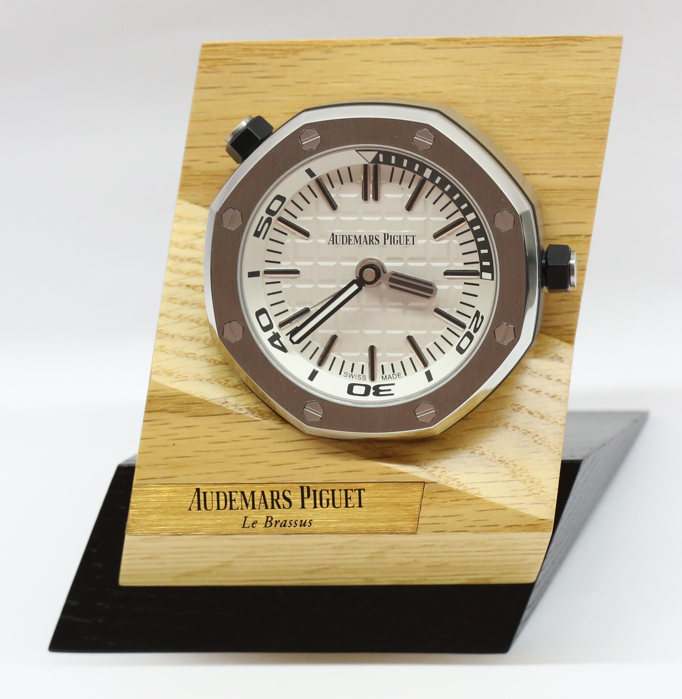 Audemars Piguet Royal Oak Offshore Desk Clock, Stainless Steel, White Tapisserie Dial on wooden stand, Quartz movement, Ref: MG.CD.AC.AP0100.011.16, Circa: 2016, with Box & Papers