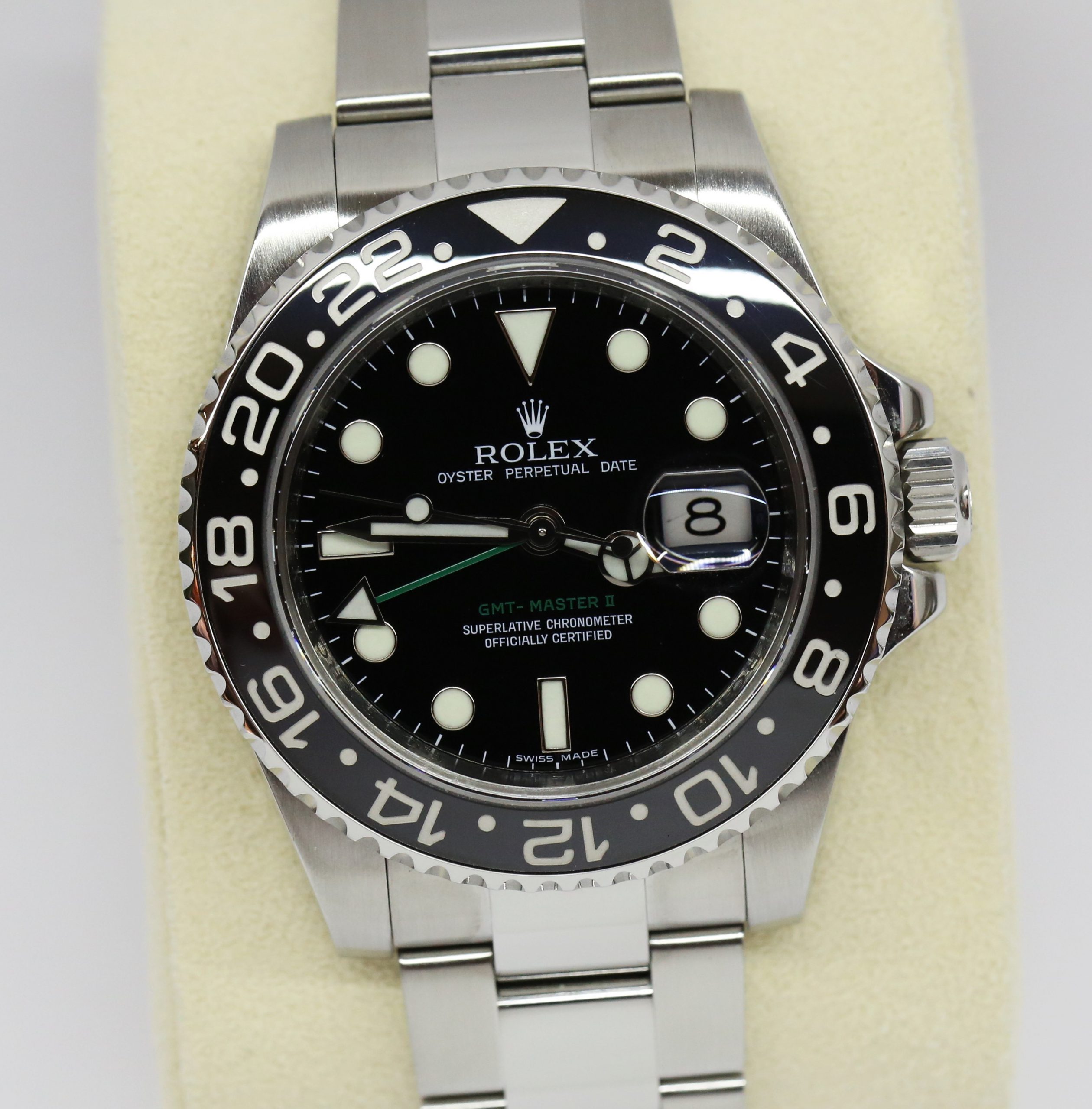 Rolex GMT Master II in stainless steel, Black index dial with a black Cerachrom bezel on a Rolex S/S Oyser bracelet, Ref: 116710LN Ca, 2008. Serviced by Rolex in Nov. 2020