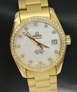 Omega Aqua Terra 36.2mm in 18k Solid Yellow Gold with Diamond Bezel and Mother of Peral Diamond Dial Complete with Box and Papers Ref. 2009.75.00 Circa: 2005