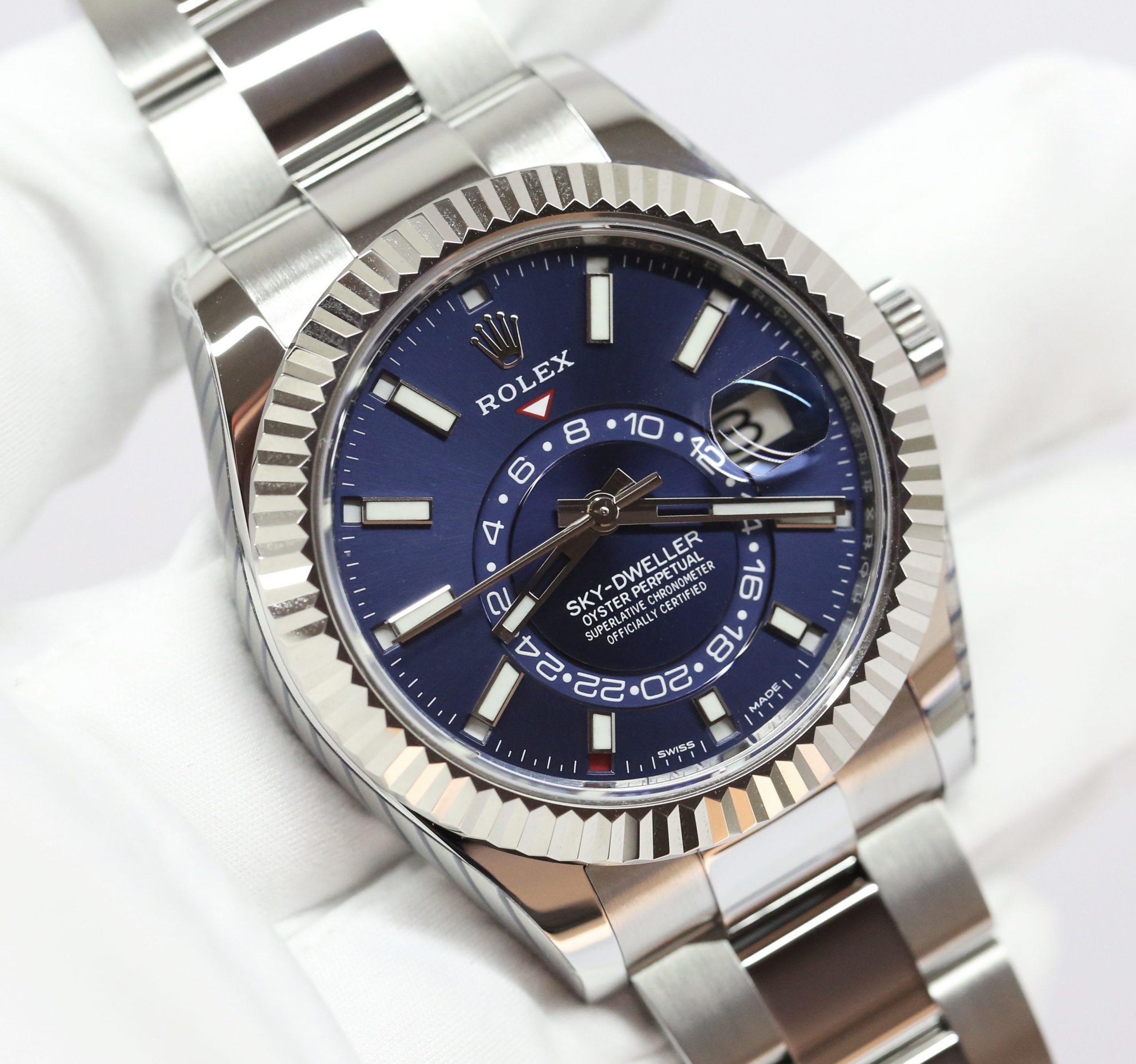 Rolex Sky-Dweller Stainless Steel & 18ct White Gold Bezel, Blue Index Dial, on Oystersteel Bracelet, Ref: 326934, circa: 2020, Complete with Box & Papers
