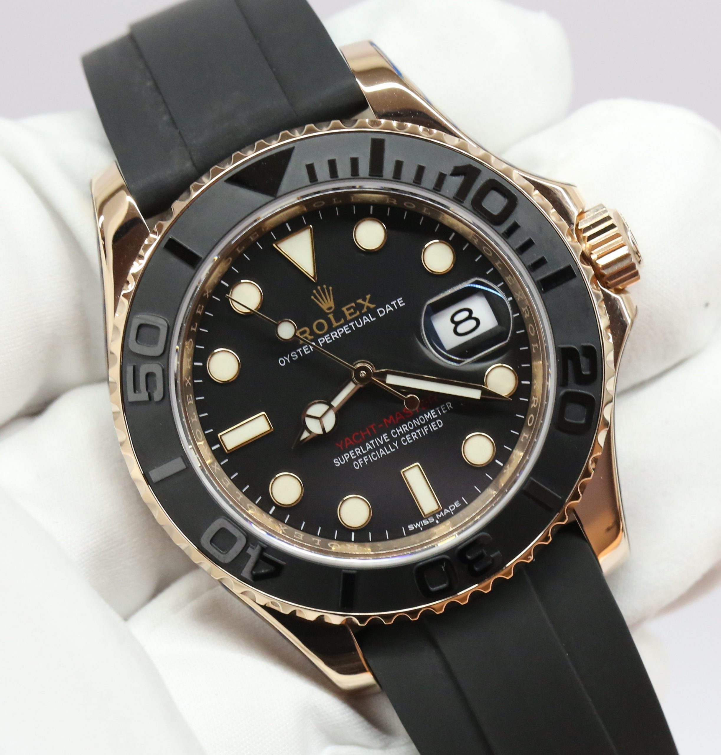 Rolex Yacht-Master 40, 18ct Everose Gold, Black index dial with black Ceramic Bezel on Oysterflex Strap with an Everose gold deployant, Ref: 116655, Ca: 2018, Complete with Box & Papers