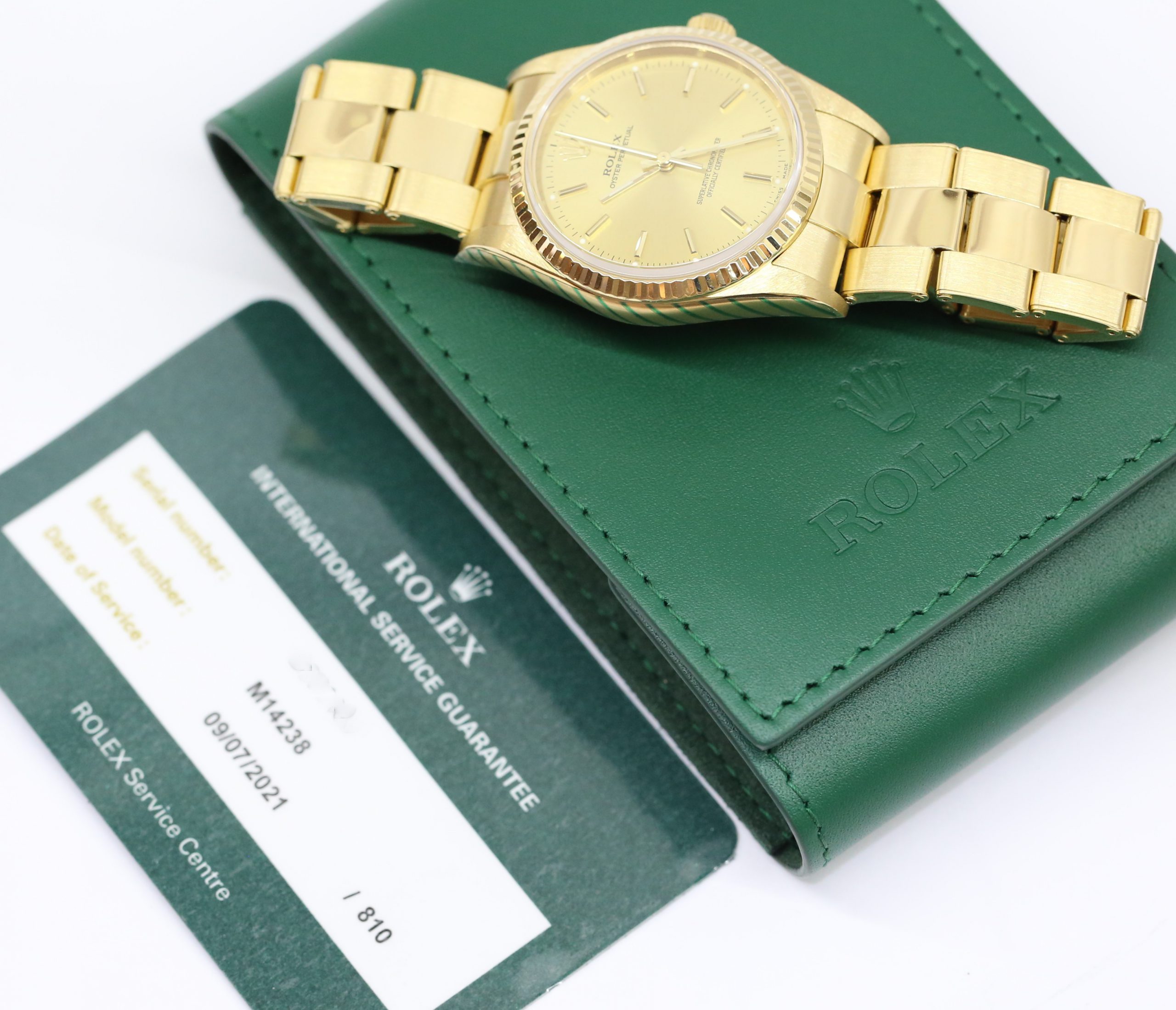 Rolex Oyster Perpetual 34mm in 18ct Yellow Gold, Champagne index dial on Rolex 18ct yellow gold rivited bracelet, Ref: 14328, Circa: 1984, Just Returned From Rolex Service, Balance of Rolex Service Warranty - Image 7