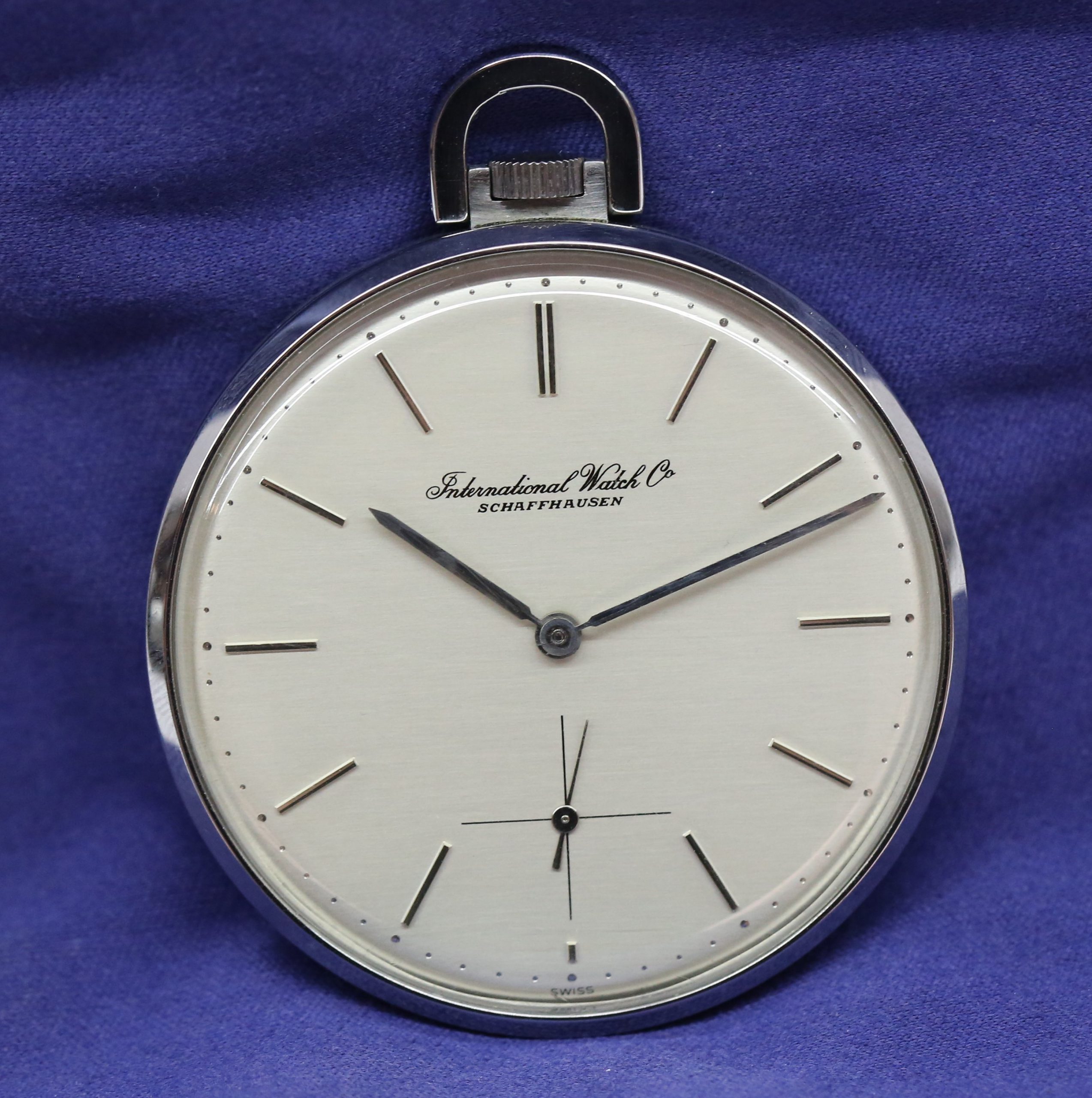 A Classic modern IWC Pocket Watch in stainless steel with a Silver Index Dial and sub-dial at 6 o'çlock, Ref: 169 Ca.1971