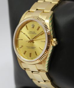 Alternative view of Rolex Oyster Perpetual 34mm in 18ct Yellow Gold, Champagne index dial on Rolex 18ct yellow gold rivited bracelet, Ref: 14328, Circa: 1984, Just Returned From Rolex Service, Balance of Rolex Service Warranty