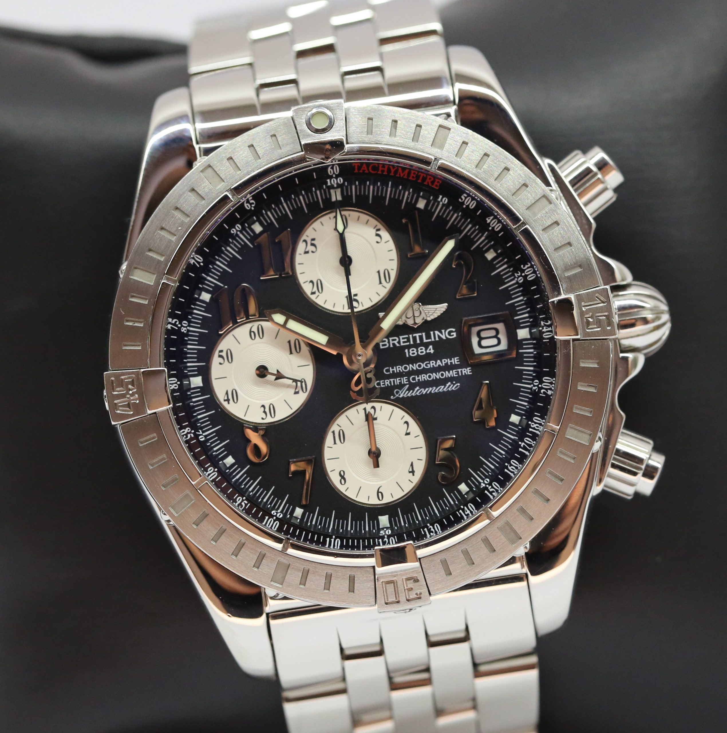 Breitling Choronomat Evolution Chronograph in Stainless Steel, Black Arab Dial on a Breitling stainless steel bracelet. 44mm , Ref: A13356