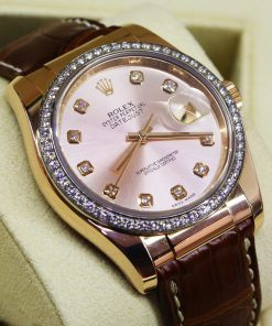 Rolex Oyster Perpetual Datejust 36mm in 18ct Everose Gold with Factory Diamond Bezel & Dial, on Crocodile Strap with a Rolex 18ct Everose deployant clasp, Ref: 116185, Circa: 2019, Complete with Box & Papers