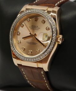 Alternative view of Rolex Oyster Perpetual Datejust 36mm in 18ct Everose Gold with Factory Diamond Bezel & Dial, on Crocodile Strap with a Rolex 18ct Everose deployant clasp, Ref: 116185, Circa: 2019, Complete with Box & Papers