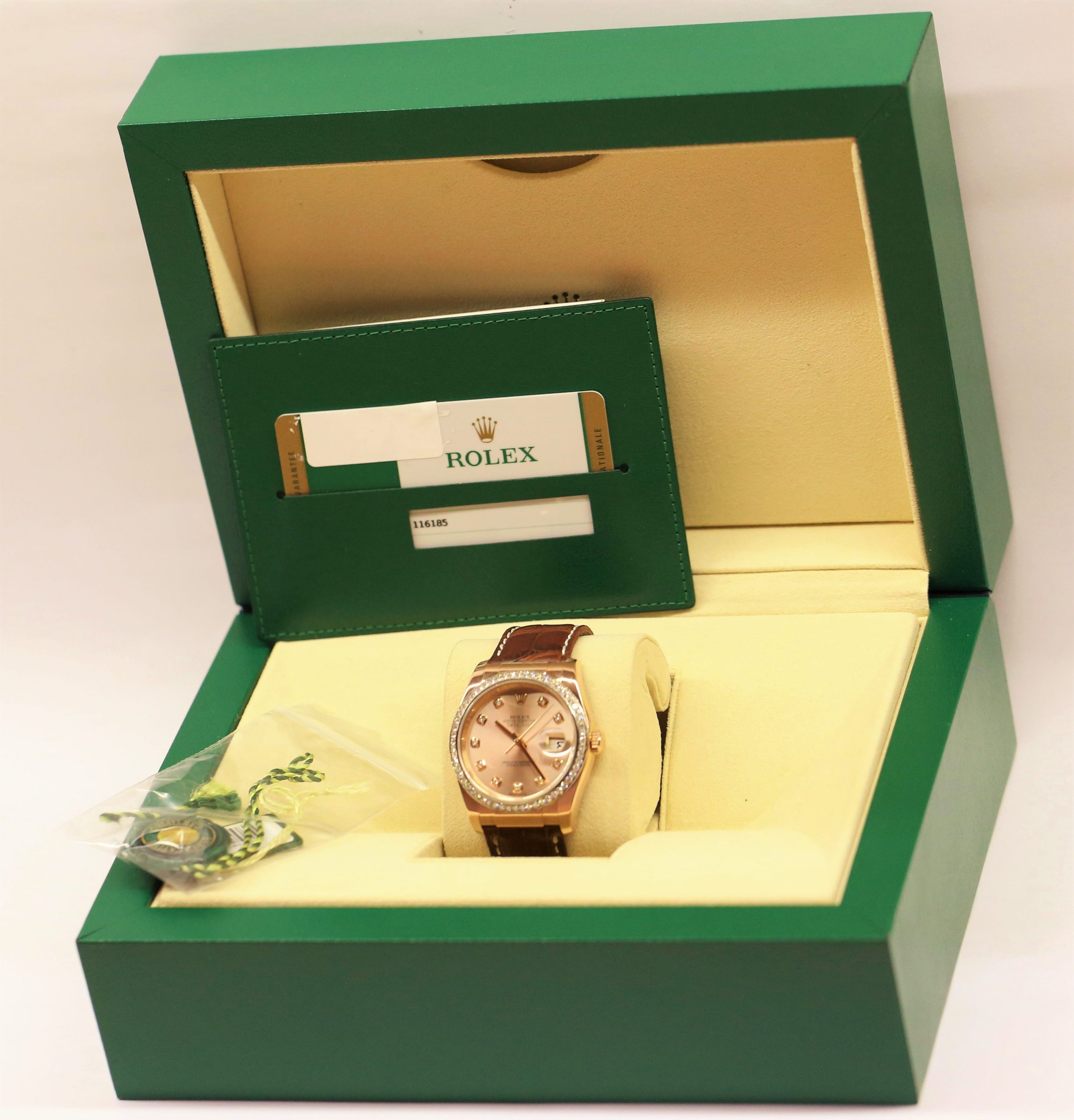 Rolex Oyster Perpetual Datejust 36mm in 18ct Everose Gold with Factory Diamond Bezel & Dial, on Crocodile Strap with a Rolex 18ct Everose deployant clasp, Ref: 116185, Circa: 2019, Complete with Box & Papers - Image 8