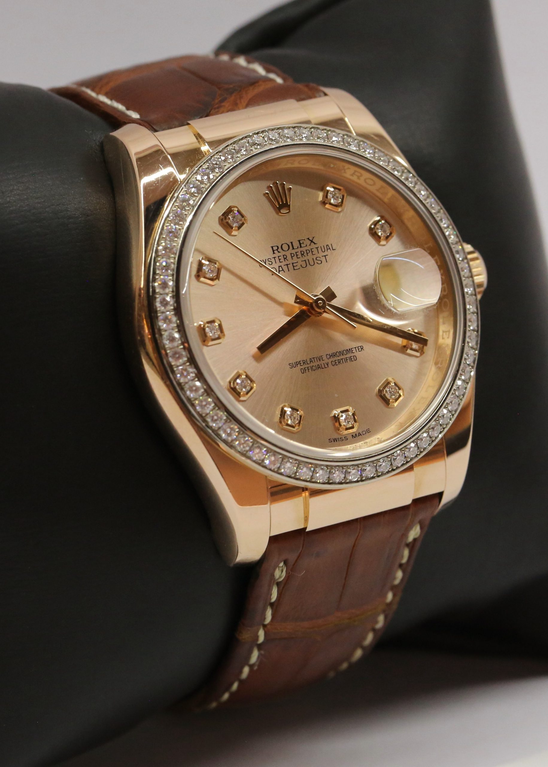 Rolex Oyster Perpetual Datejust 36mm in 18ct Everose Gold with Factory Diamond Bezel & Dial, on Crocodile Strap with a Rolex 18ct Everose deployant clasp, Ref: 116185, Circa: 2019, Complete with Box & Papers - Image 3
