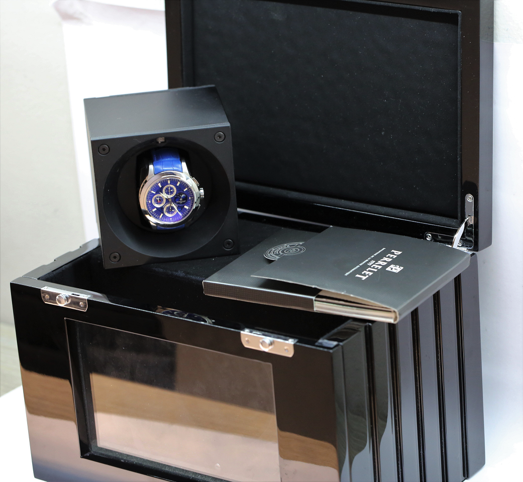 Perrelet Specialties Perpetual Calendar Chronograph, Partially Skeletonised Blue Index Dial on Blue Perrelet Alligator strap with Perrelet Deployant Clasp, Ref: A1058-2, Circa: 2016, with Box & Papers - Image 8