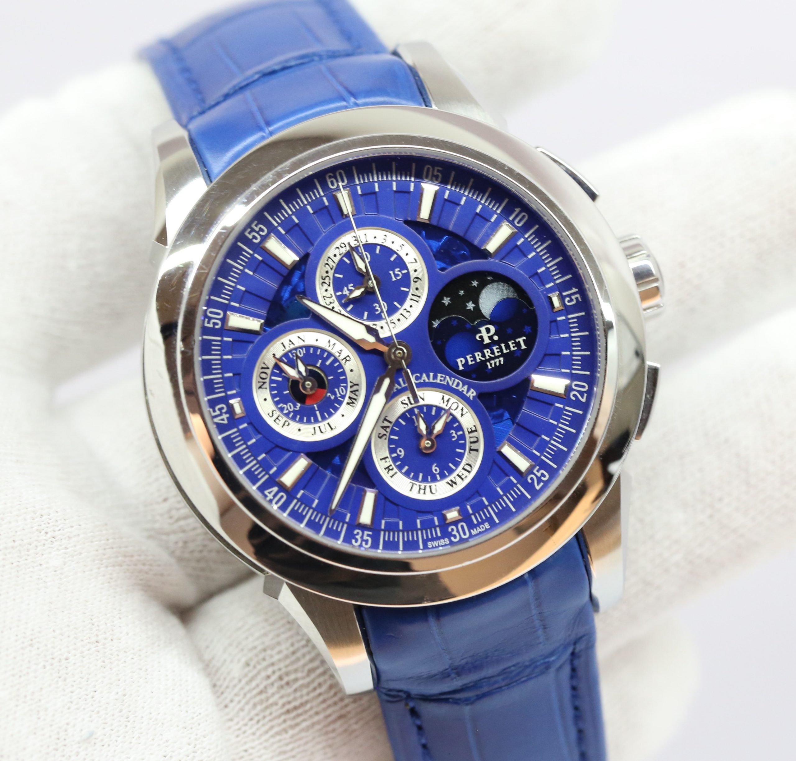 Perrelet Specialties Perpetual Calendar Chronograph, Partially Skeletonised Blue Index Dial on Blue Perrelet Alligator strap with Perrelet Deployant Clasp, Ref: A1058-2, Circa: 2016, with Box & Papers