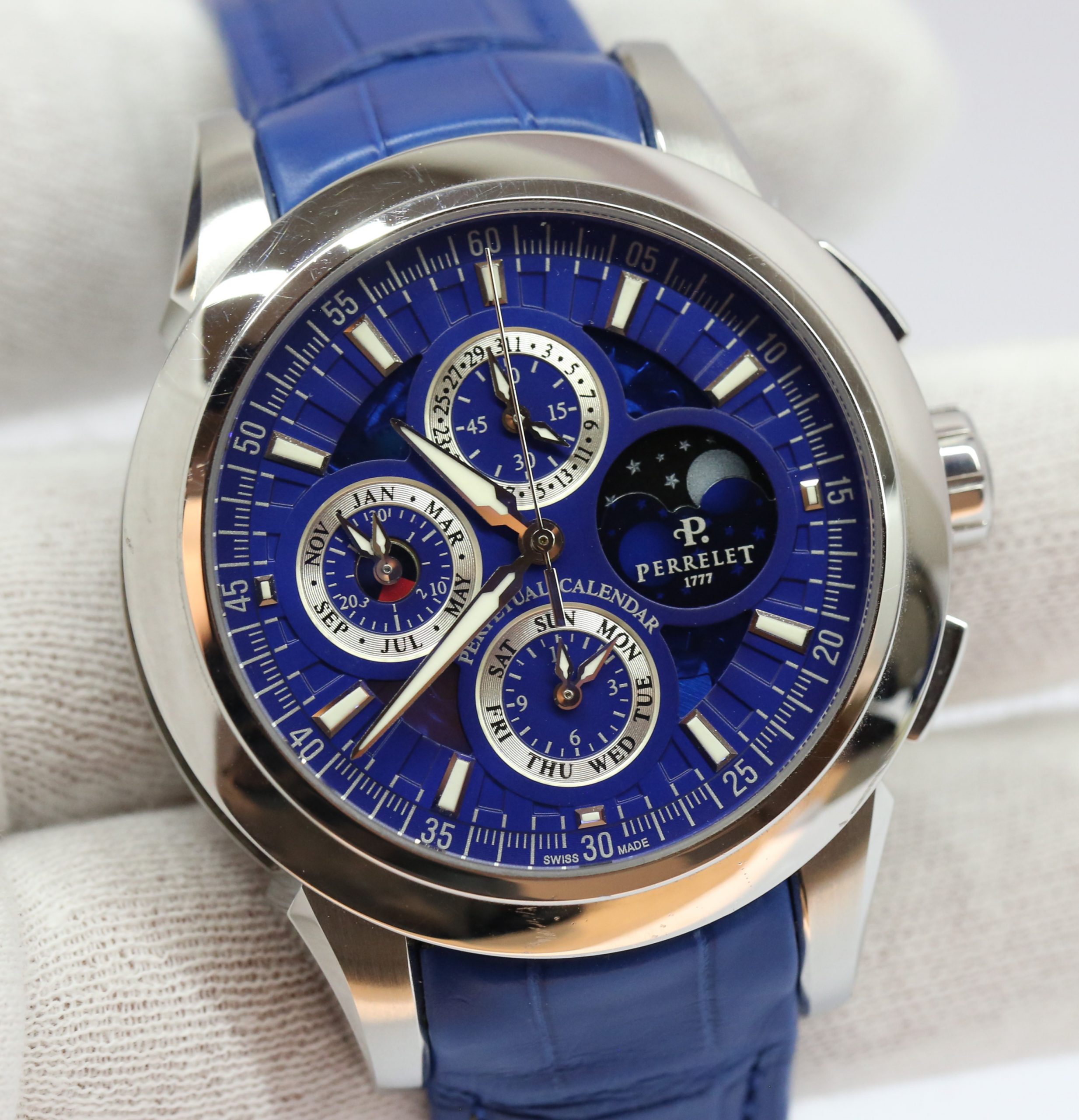 Perrelet Specialties Perpetual Calendar Chronograph, Partially Skeletonised Blue Index Dial on Blue Perrelet Alligator strap with Perrelet Deployant Clasp, Ref: A1058-2, Circa: 2016, with Box & Papers - Image 4