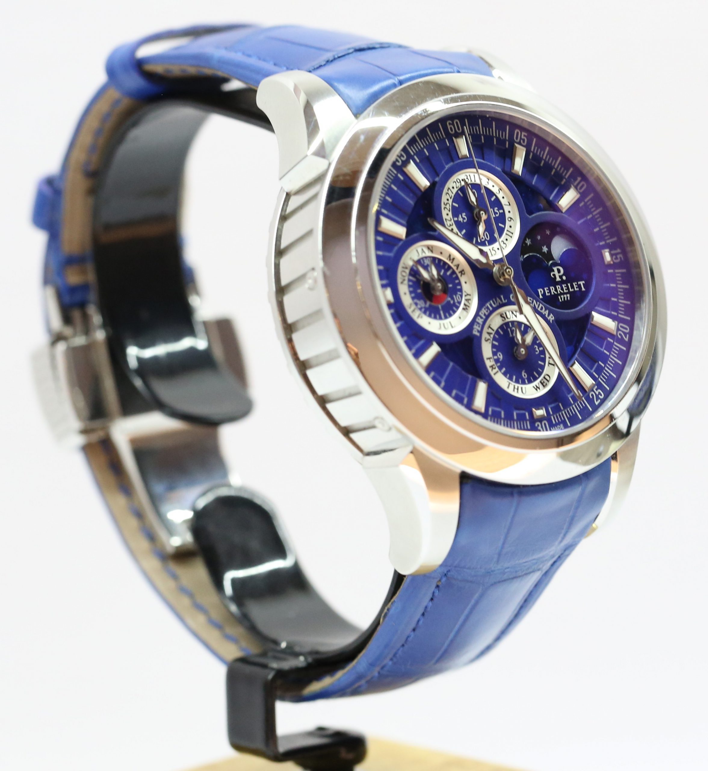 Perrelet Specialties Perpetual Calendar Chronograph, Partially Skeletonised Blue Index Dial on Blue Perrelet Alligator strap with Perrelet Deployant Clasp, Ref: A1058-2, Circa: 2016, with Box & Papers - Image 7