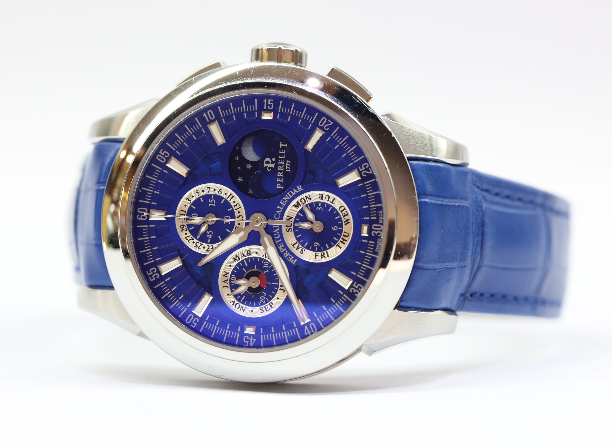 Perrelet Specialties Perpetual Calendar Chronograph, Partially Skeletonised Blue Index Dial on Blue Perrelet Alligator strap with Perrelet Deployant Clasp, Ref: A1058-2, Circa: 2016, with Box & Papers - Image 3