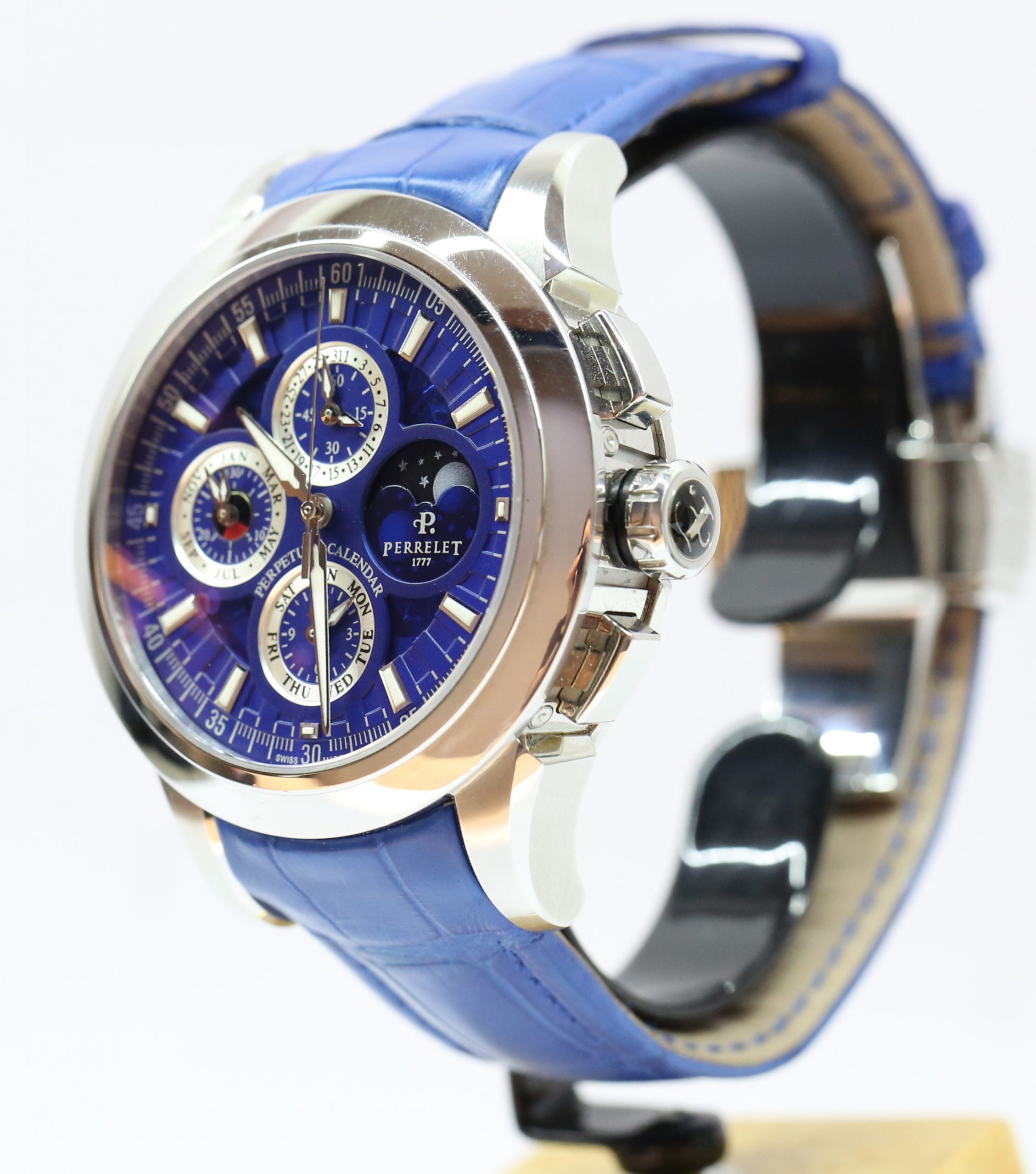 Perrelet Specialties Perpetual Calendar Chronograph, Partially Skeletonised Blue Index Dial on Blue Perrelet Alligator strap with Perrelet Deployant Clasp, Ref: A1058-2, Circa: 2016, with Box & Papers - Image 2