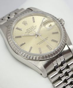 Rolex Datejust 36 in Stainless Steel, Engine Turned S/Steel Bezel, Dark Silver Dial on a Rolex Jubilee Bracelet. Ref: 16220, L Series Circa: 1989