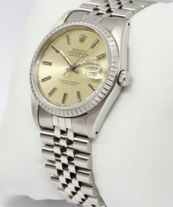 Alternative view of Rolex Datejust 36 in Stainless Steel, Engine Turned S/Steel Bezel, Dark Silver Dial on a Rolex Jubilee Bracelet. Ref: 16220, L Series Circa: 1989