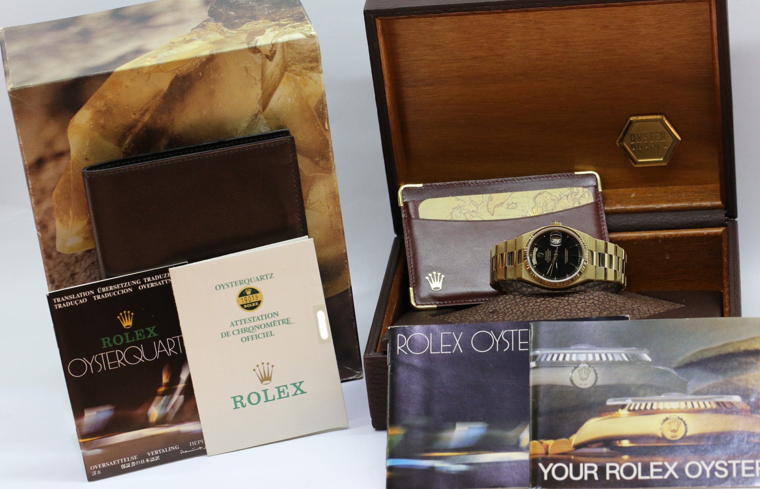 Rolex OysterQuartz Day Date 18ct Yellow Gold on Rolex Bracelet, Black Index Dial, Ref: 19018, Circa: 1986, Just Back From Rolex Service, Complete with Box & Papers - Image 8