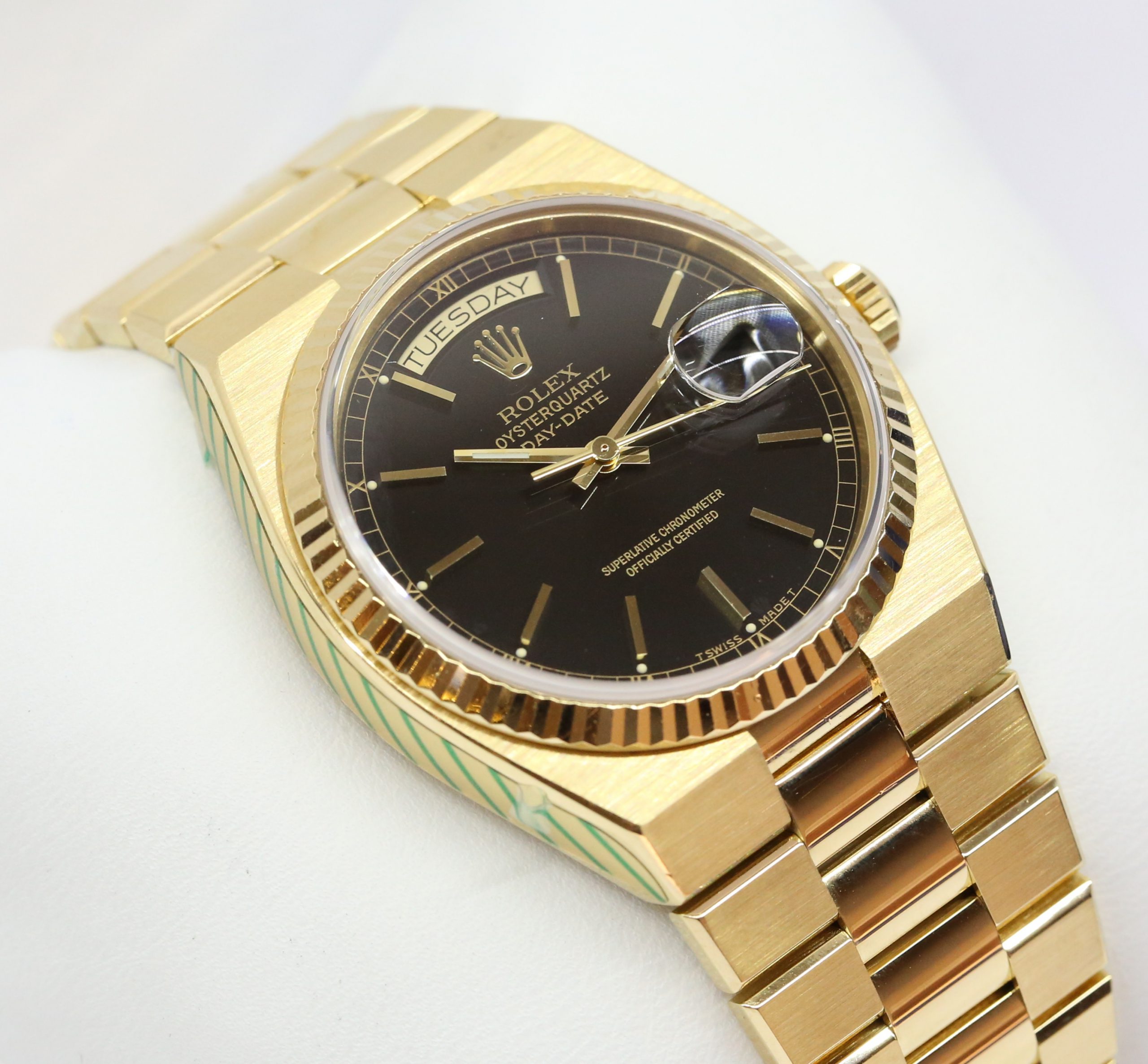 Rolex OysterQuartz Day Date 18ct Yellow Gold on Rolex Bracelet, Black Index Dial, Ref: 19018, Circa: 1986, Just Back From Rolex Service, Complete with Box & Papers