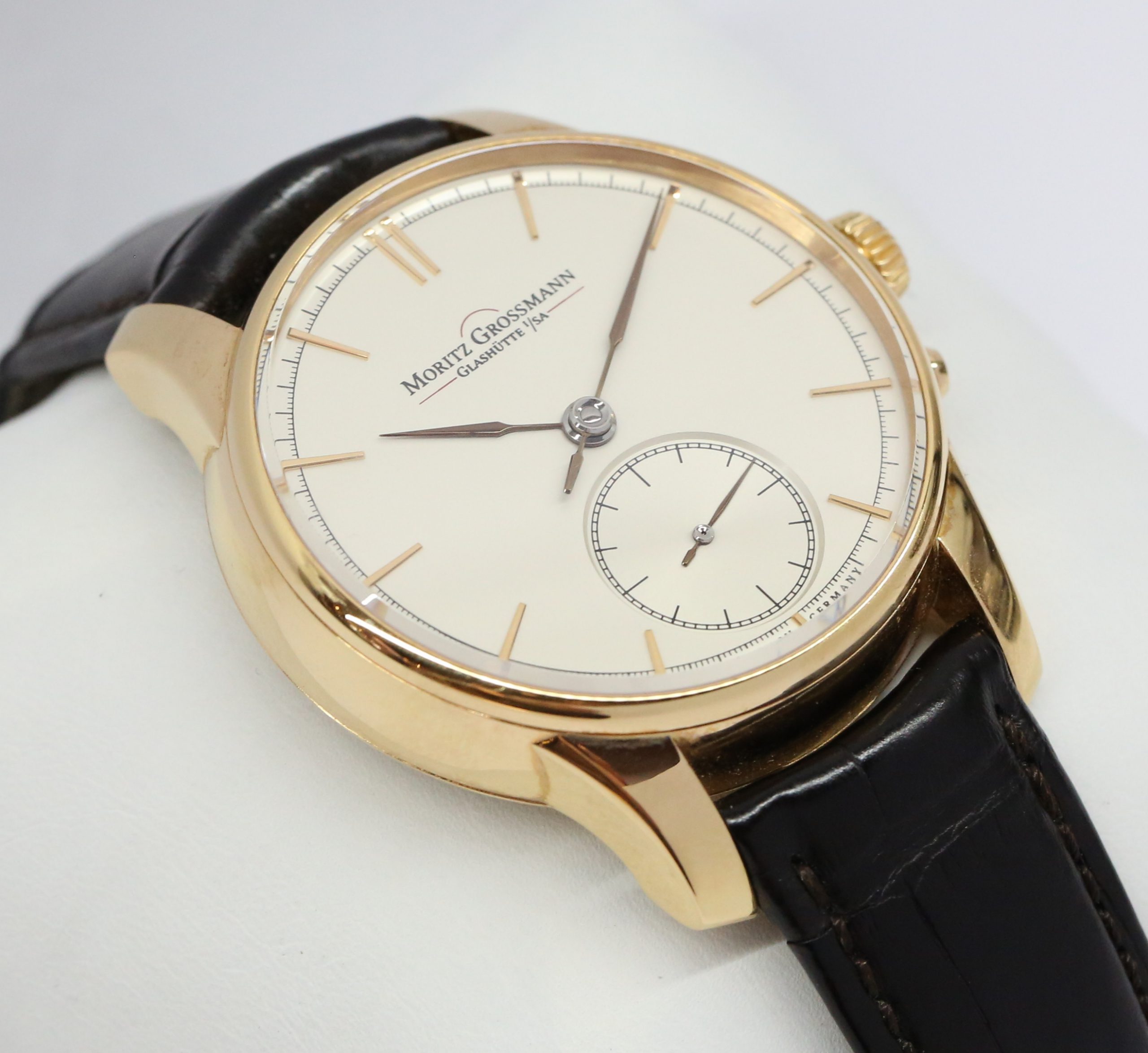 Moritz GrossMann Atum in 18ct Rose Gold on Strap, Silver Index Dial, Complete with Box and Papers