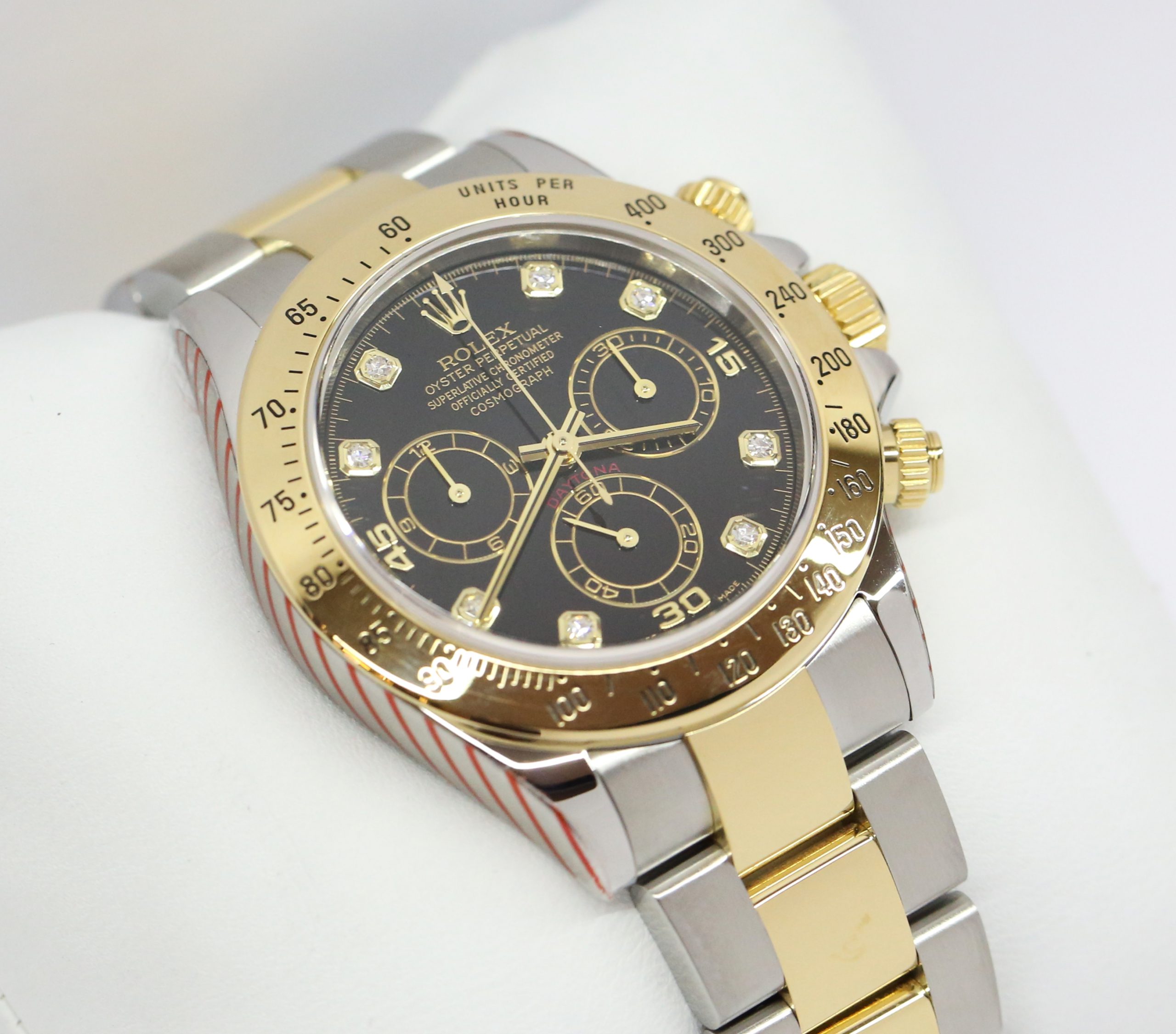 Rolex Cosmograph Daytona in 18ct Yellow Gold and Stainless Steel with Black Diamond Dial on Rolex 18ct Yellow Gold and Stainless Steel Bracelet Ref. 116523 Circa: 2003 Complete with Box and Papers Just Returned from Rolex Service Centre