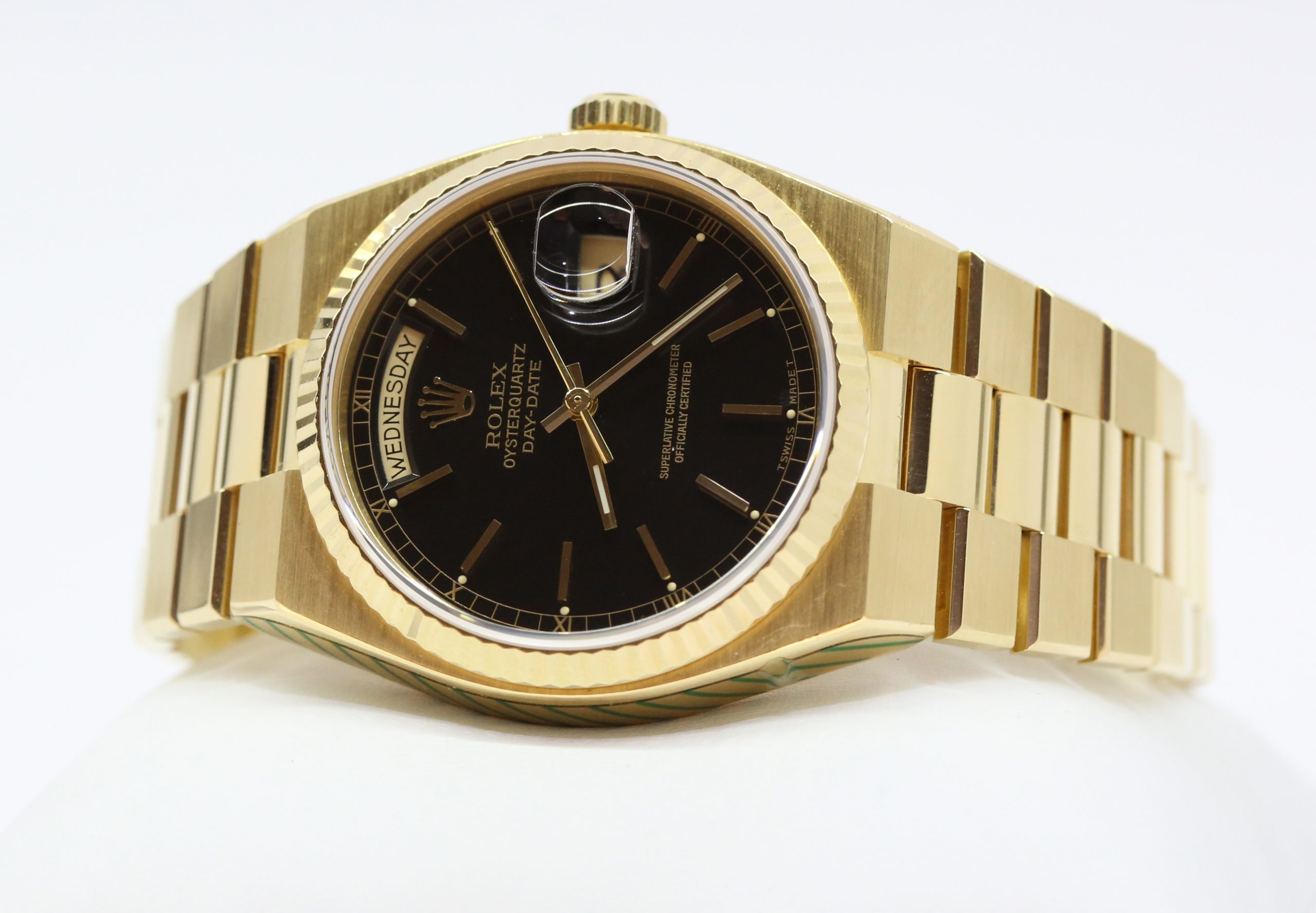 Rolex OysterQuartz Day Date 18ct Yellow Gold on Rolex Bracelet, Black Index Dial, Ref: 19018, Circa: 1986, Just Back From Rolex Service, Complete with Box & Papers - Image 3