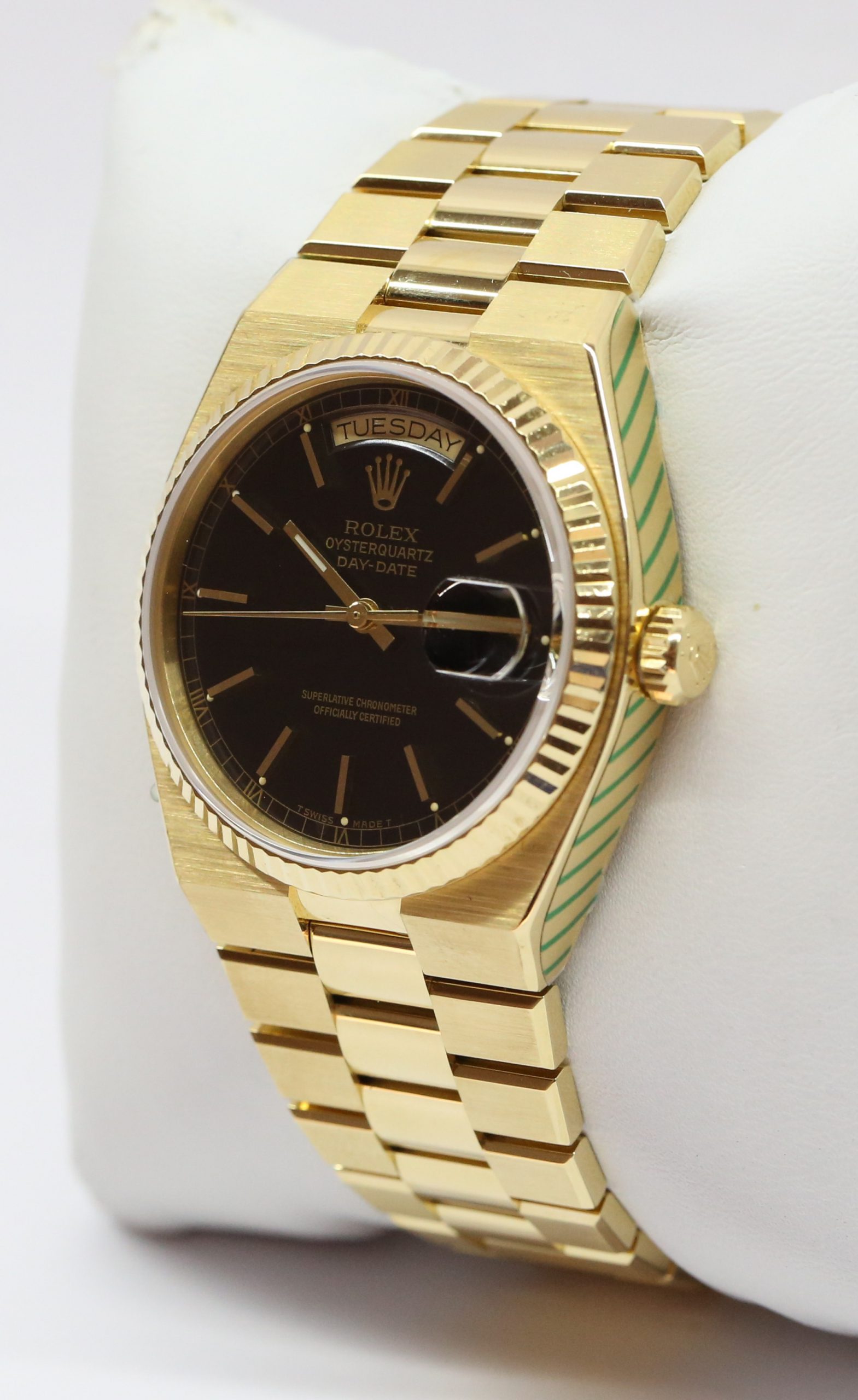Rolex OysterQuartz Day Date 18ct Yellow Gold on Rolex Bracelet, Black Index Dial, Ref: 19018, Circa: 1986, Just Back From Rolex Service, Complete with Box & Papers - Image 2