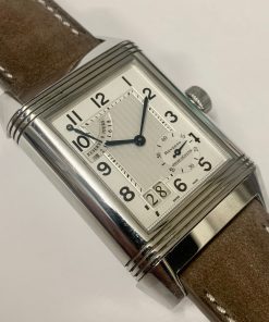 Jaeger Le Coultre Reverso Grande Date 8 Day Power Reserve in Stainless Steel, Guilloche Dial, on Seude Strap Ref 3008420, Circa: 2000s, Complete with Box and Papers.