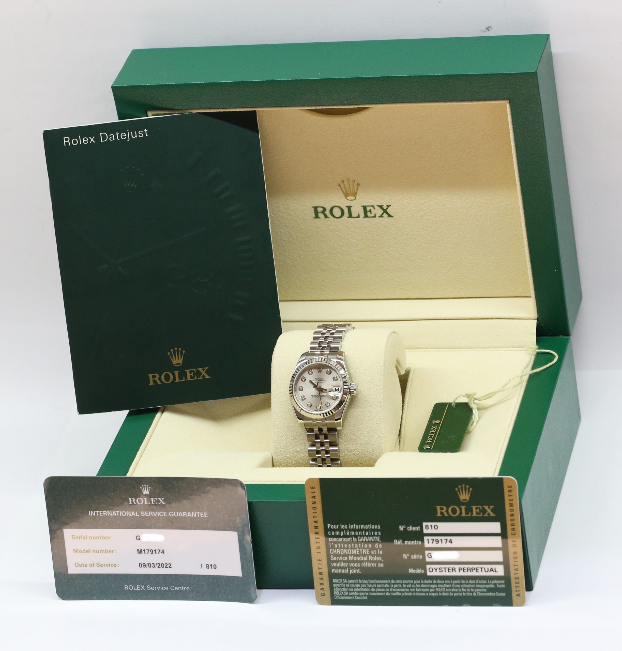 Rolex Oyster Perpetual Ladies Datejust 26 in stainless steel and 18k white gold bezel on Rolex steel Jubilee bracelet with Factory silver diamond dial, Ref: 179174 with Book, Warranty Card, tag Ca.2013 - Image 6
