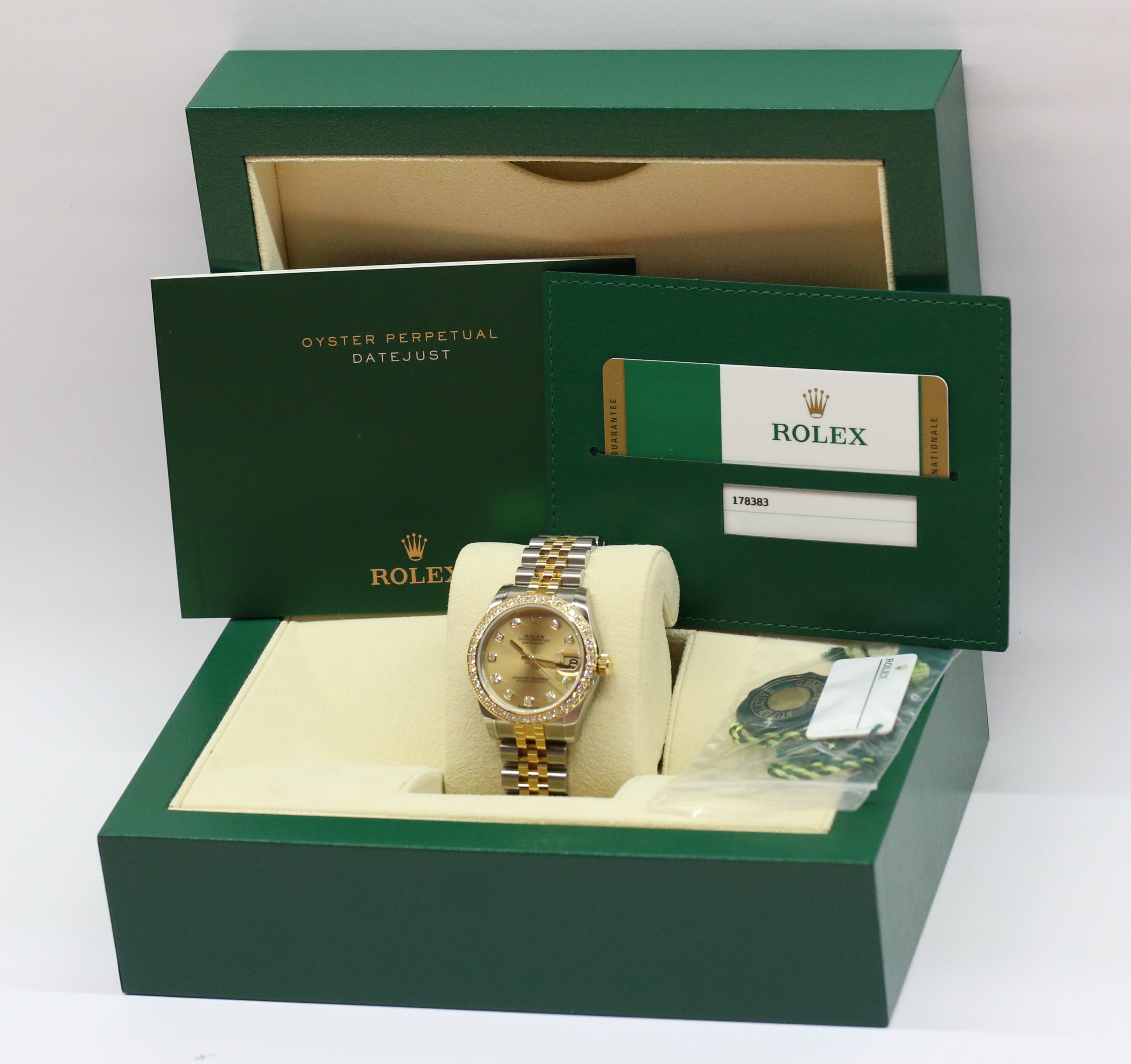 Rolex Oyster Perpetual Datejust 31 in Steel and Gold with Factory Diamond Bezel, Champagne Diamond Index Dial with Rolex Steel and Gold Jubilee Bracelet. Ref. 178383 Serial: 9565E887 Sold New: 2017 Complete with Box, Papers and Balance of Rolex Wty. - Image 7