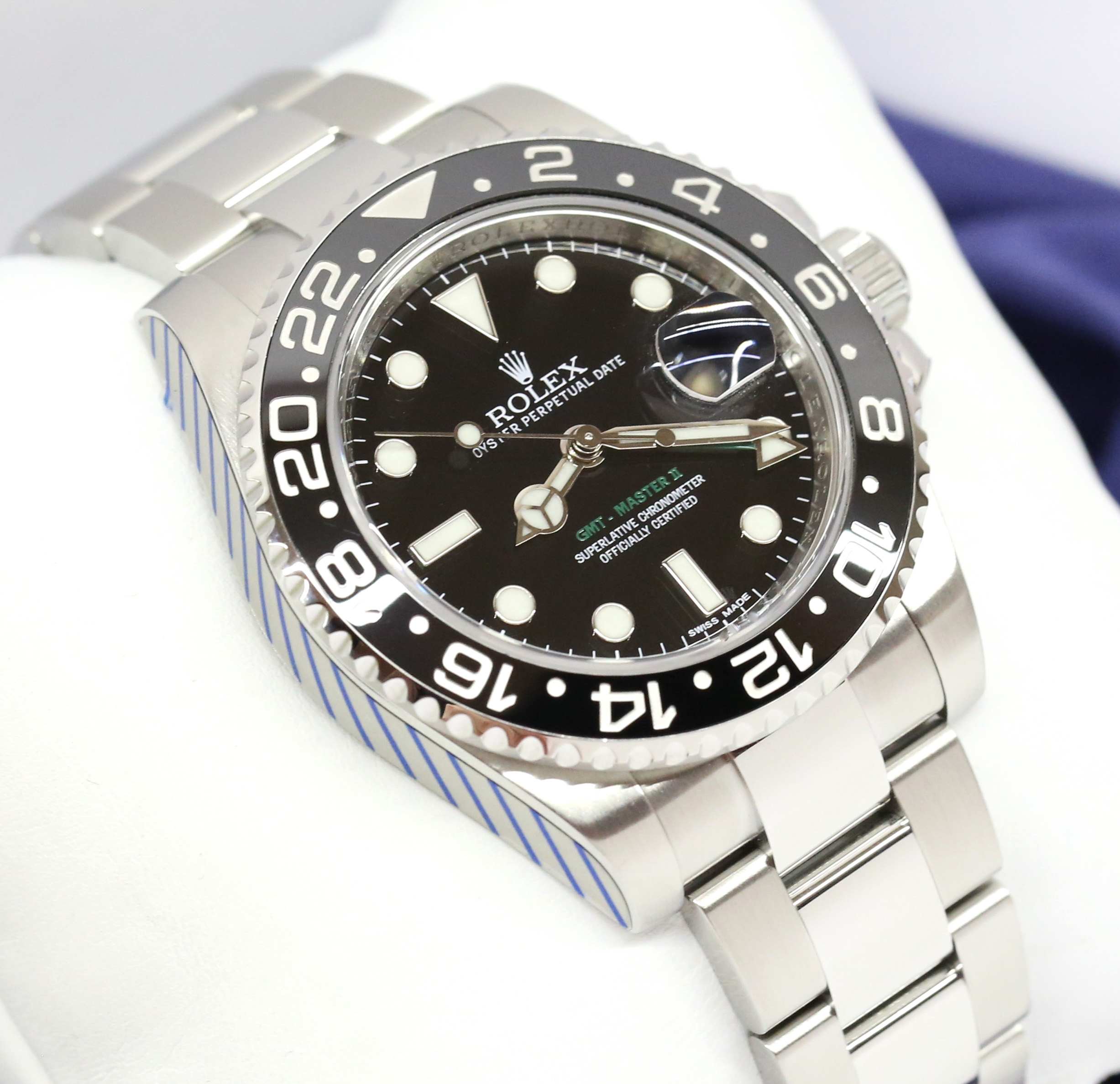 Rolex GMT Master II in stainless steel on a Rolex Oyster bracelet, black index dial, Black ceramic bezel, Reference: 116710LN, Circa: 2010, Complete with Box, Book & Rolex Service Warranty