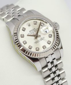 Rolex Oyster Perpetual Ladies Datejust 26 in stainless steel and 18k white gold bezel on Rolex steel Jubilee bracelet with Factory silver diamond dial, Ref: 179174 with Book, Warranty Card, tag Ca.2013