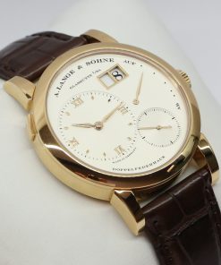 A. Lange & Sohne Lange 1 in 18ct Rose Gold 38.5mm Silver Dial on a Brown Aligator Strap with ALS Rose Tang Buckle. Ref. 101.032  Complete with Box and Papers