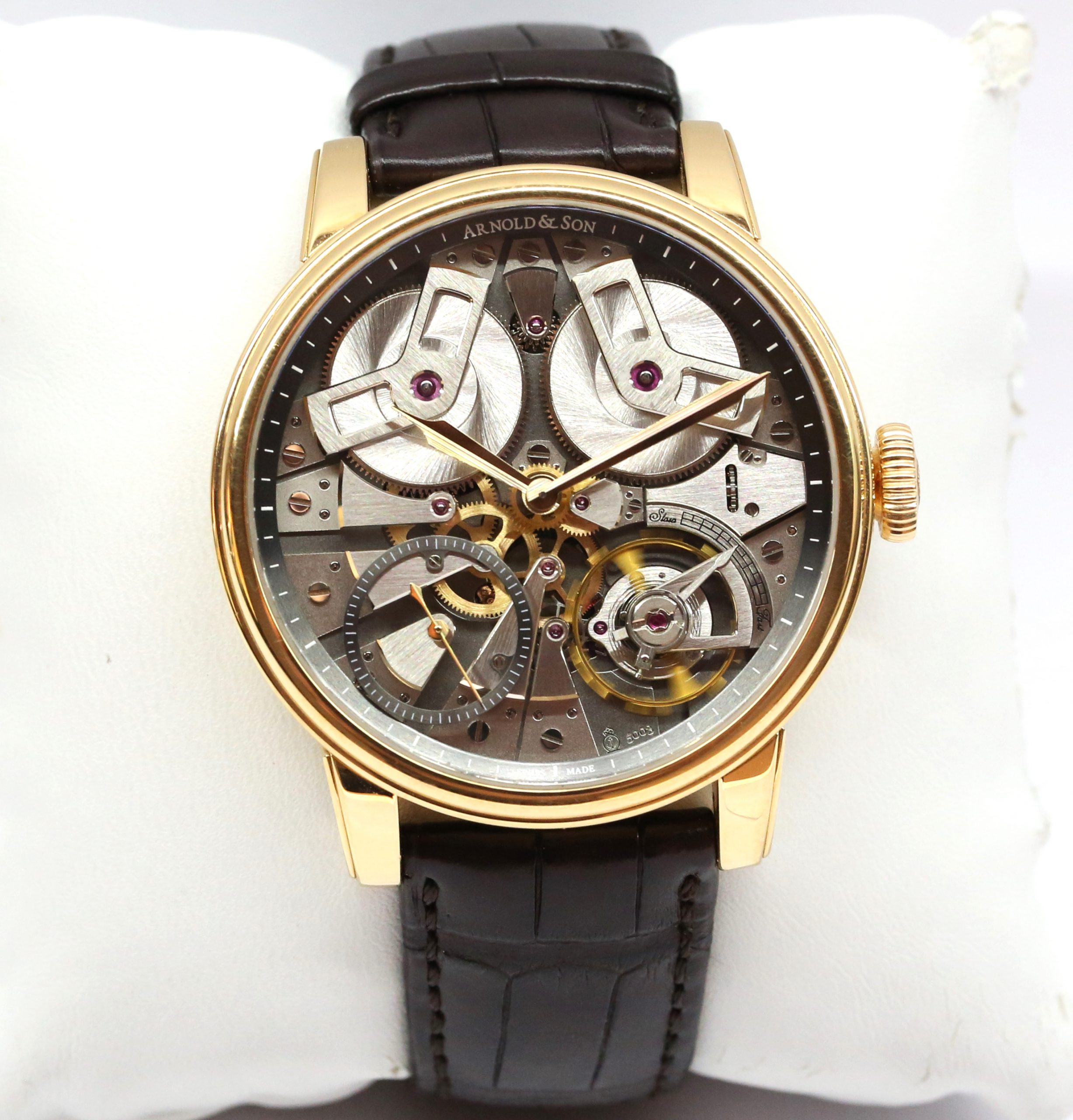 Arnold & Son TB88 in 18ct Rose Gold with Skeletonised Dial Twin Barrell Jumping Seconds on Brown Alligator, Ref: 1TBAR.S01A.C112A, Circa: 2020, Complete with Box, Papers - Image 4