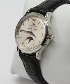 Alternative view of Jeager Le Coultre Master Calendar 37mm in Stainless Steel with Silver Dial on Black Jaeger Alligator Strap with Deployant Buckle Ref. Q143842A Sold New: 2005 Complete with Box and Papers