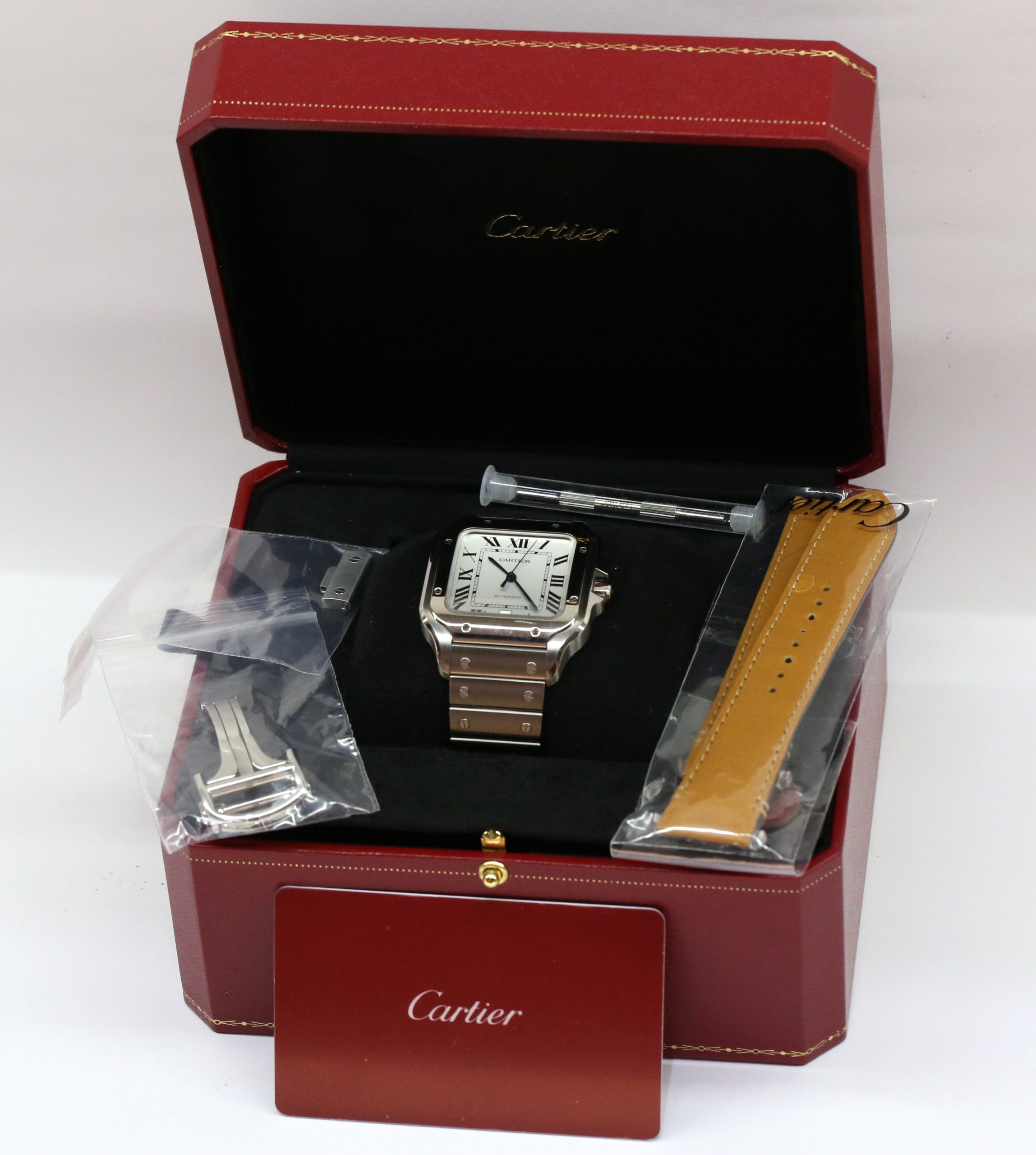 Cartier Santos de Cartier Large, Stainless Steel, White Roman Dial on Cartier Stainless Steel bracelet, with addtional Cartier Calfskin Leather Strap and Cartier Folding Buckle Reference: WSSA0018, Ca, 2022, Box and Papers - Image 7